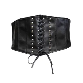 17cm Black Very Wide Elasticated Waist Lace Up Corset Belt with Conical Studs