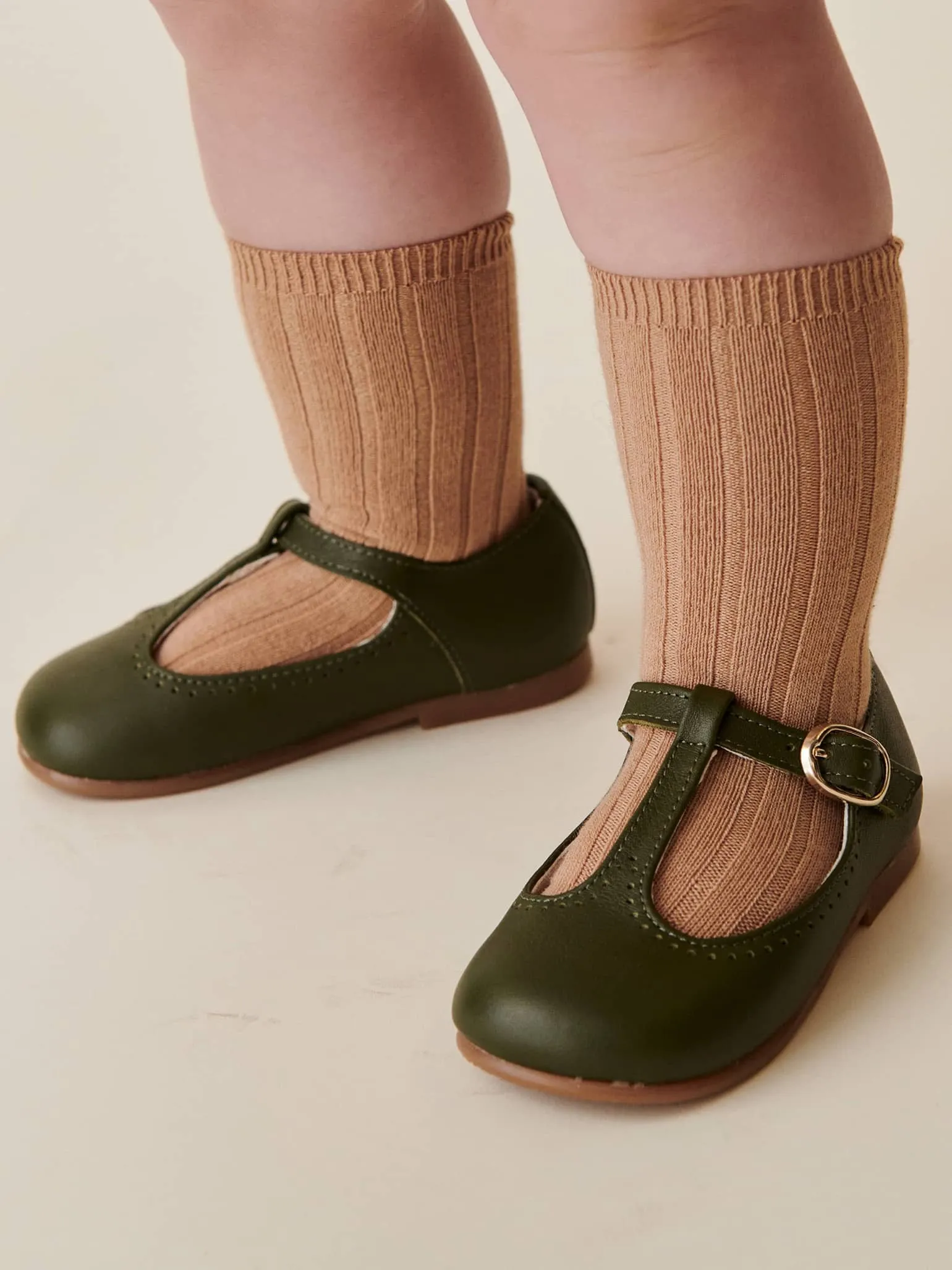 Bottle Green Leather Girl T-Bar Shoes