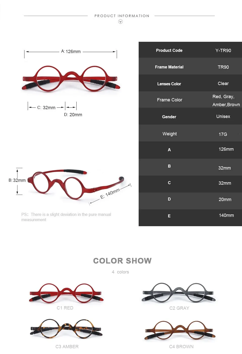 Brightzone Unisex Full Rim Round Tr 90 Hyperopic Reading Glasses 3232