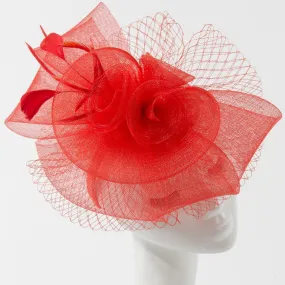 Final Sale Fascinator Hat with 3 Roses and Bow in Red