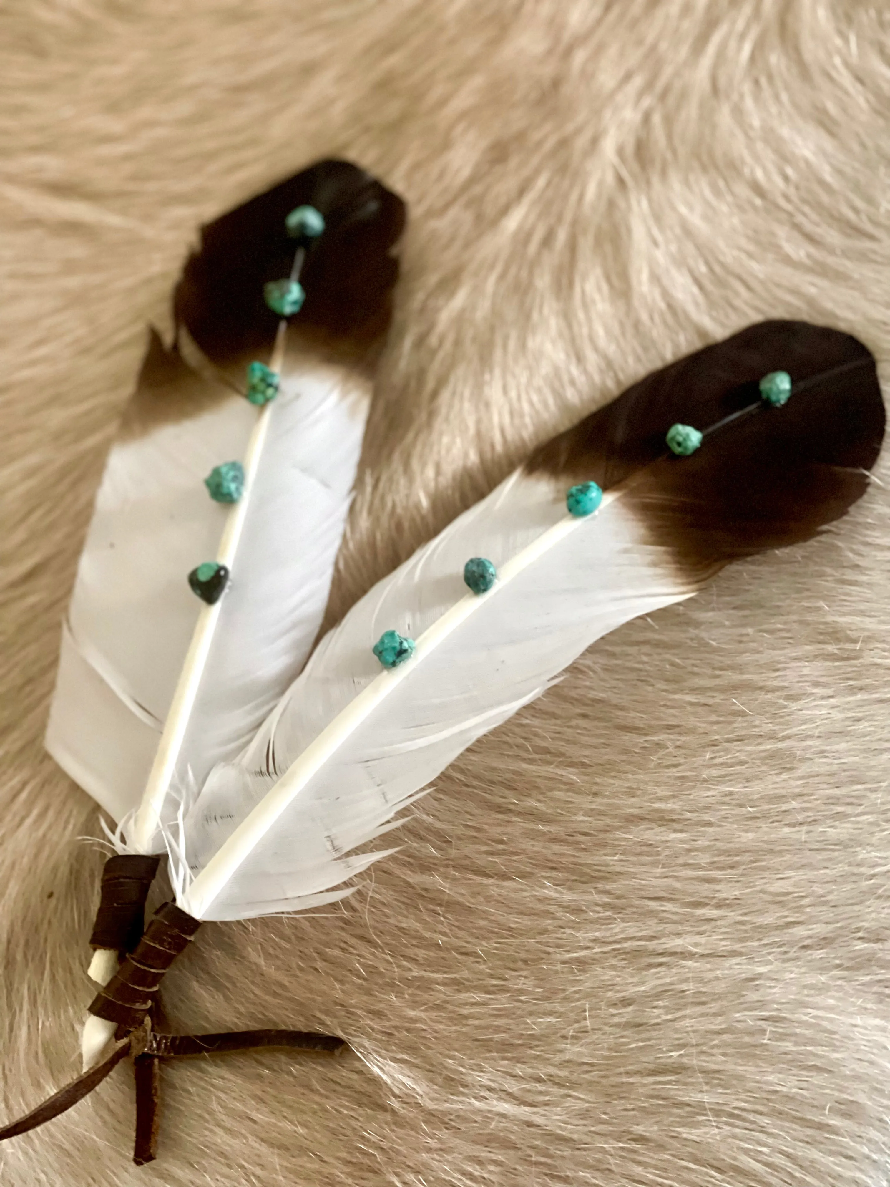 Hat Feather Clip - White & Tan Wing w/Turquoise