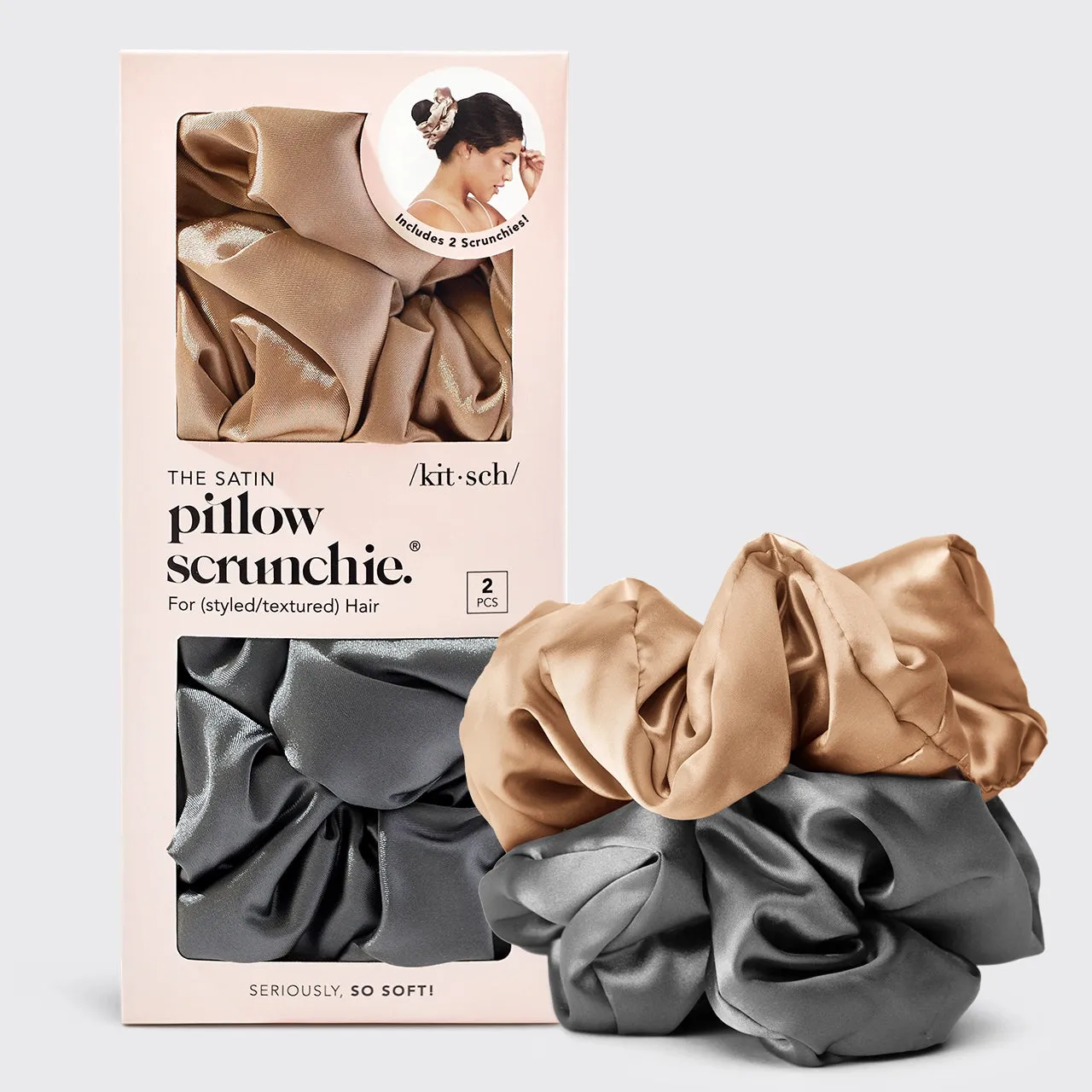 KITSCH - Satin Pillow Scrunchies - Charcoal/Gold