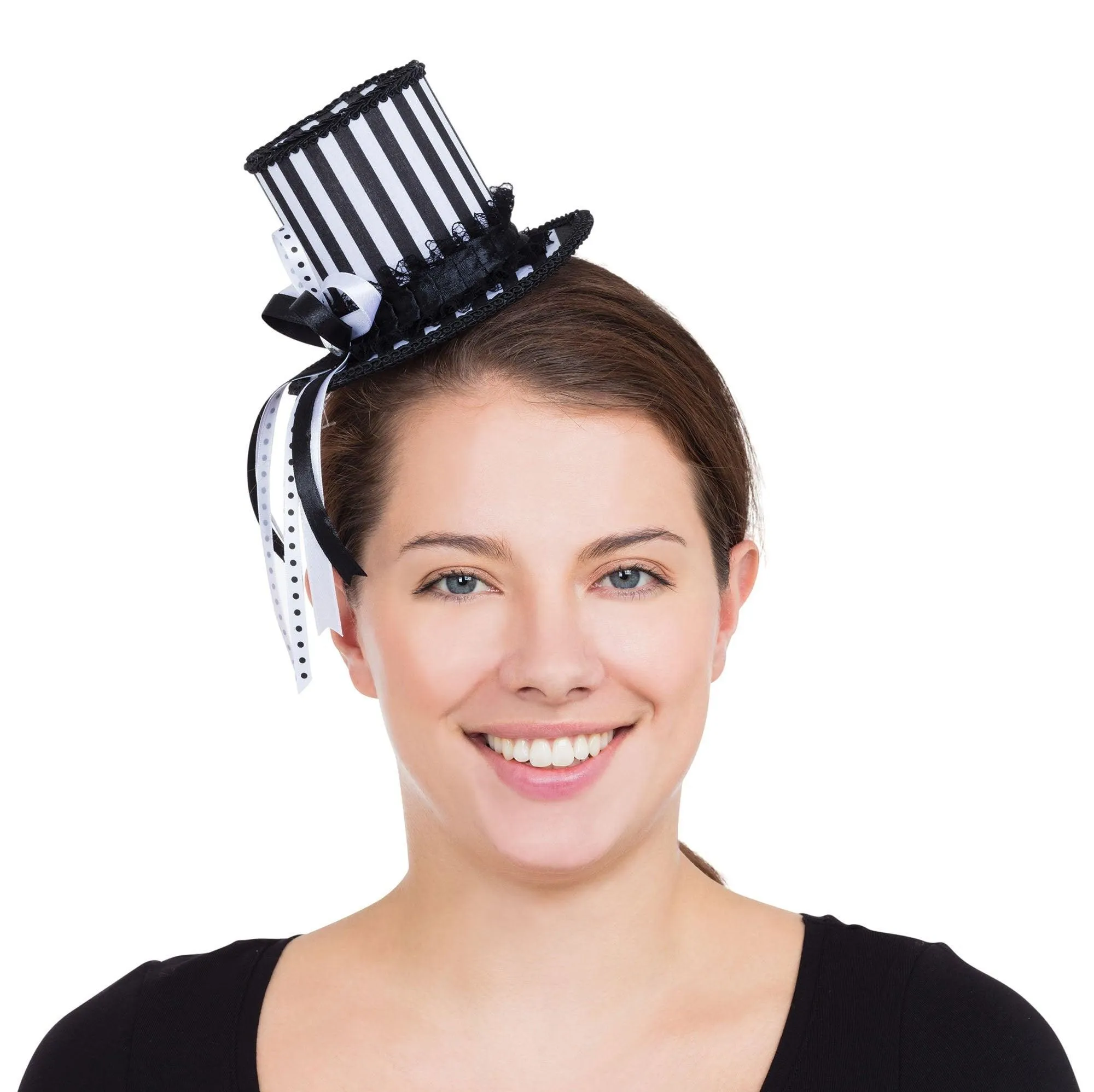 Ladies Mini Harlequin Striped Top Hat with Hair Clips Jester Circus fancy dress events