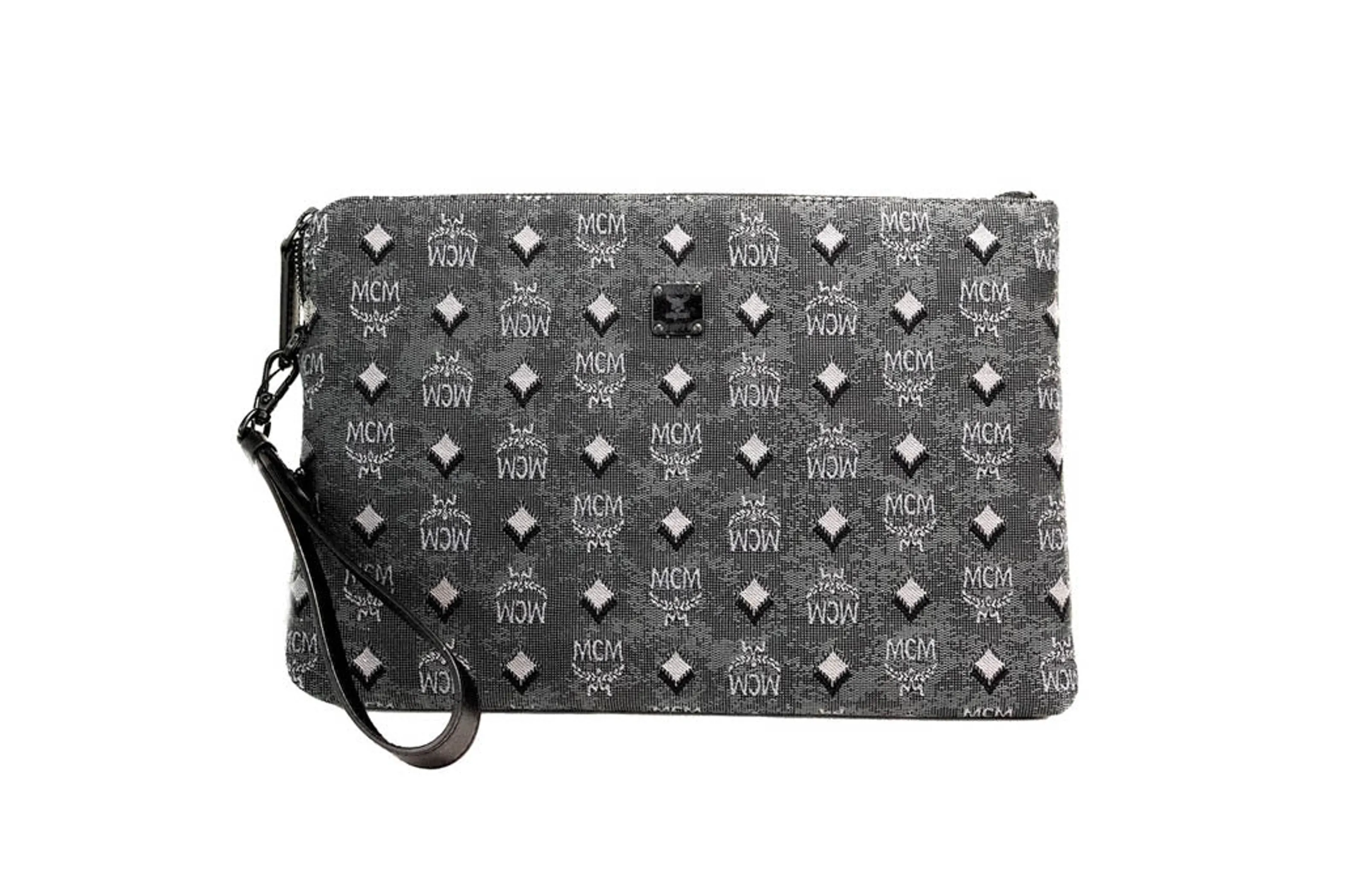 MCM Veritas Medium Dark Grey Denim Monogram Clutch Pouch