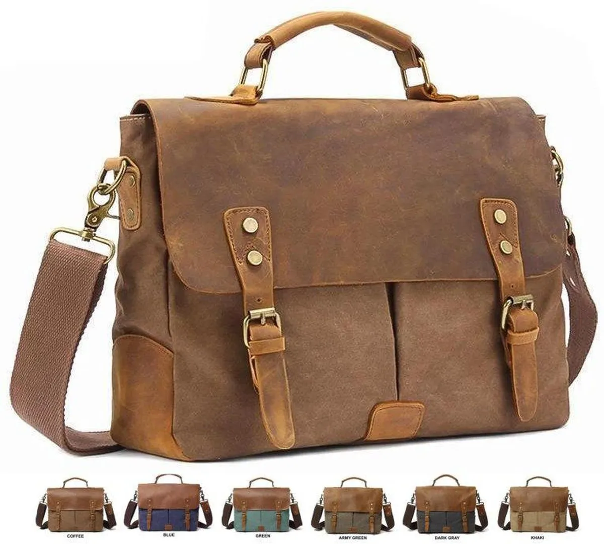 MRoyale™ Men's Vintage Leather Canvas Crossbody 14" Laptop Messenger