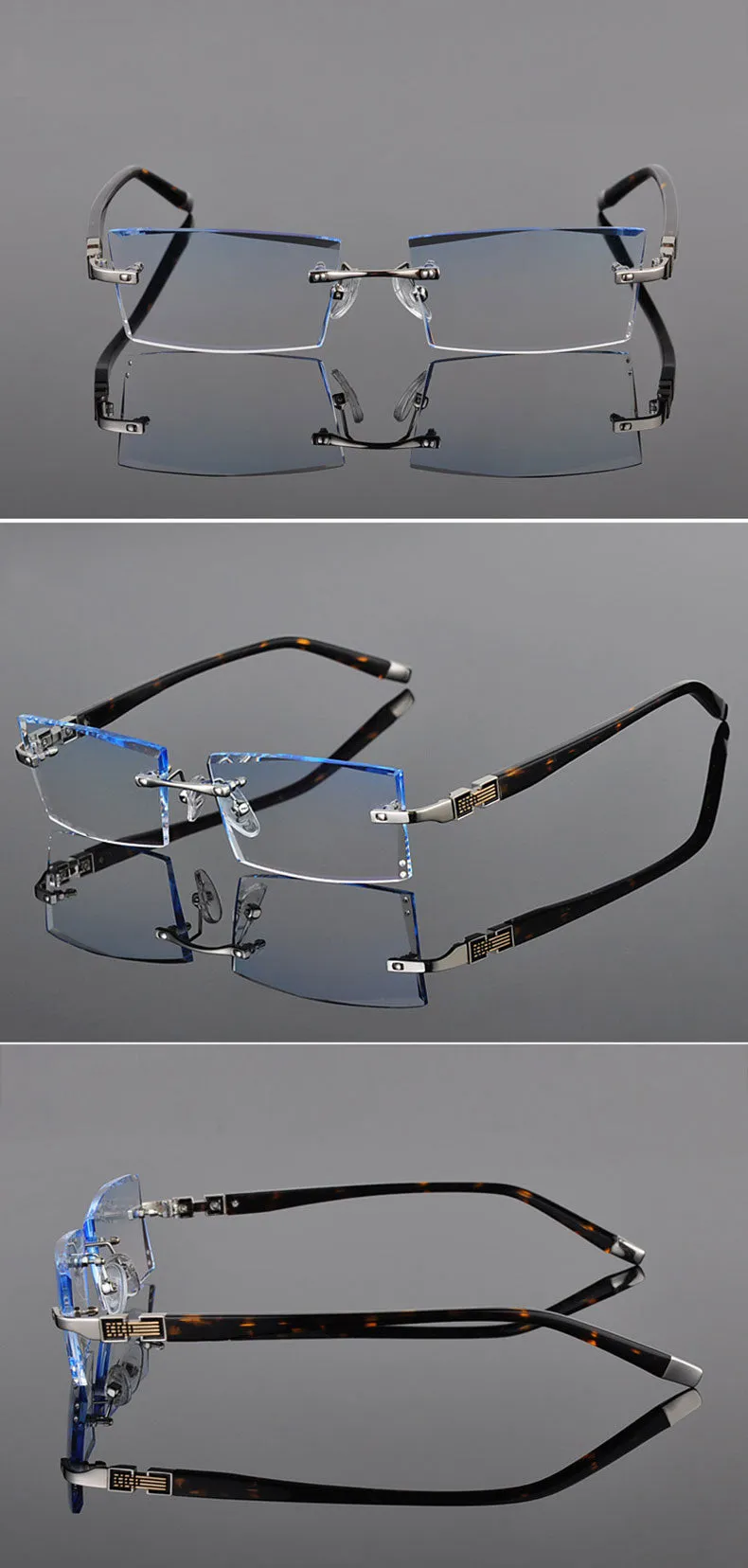 Reven Jate 58050 Alloy Rimless Diamond Cutting Man Glasses Frame Eyeglasses Men Eyewear