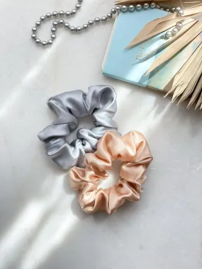 Set of 2 L size natural silk scrunchies - cappuccino beige & misty blue