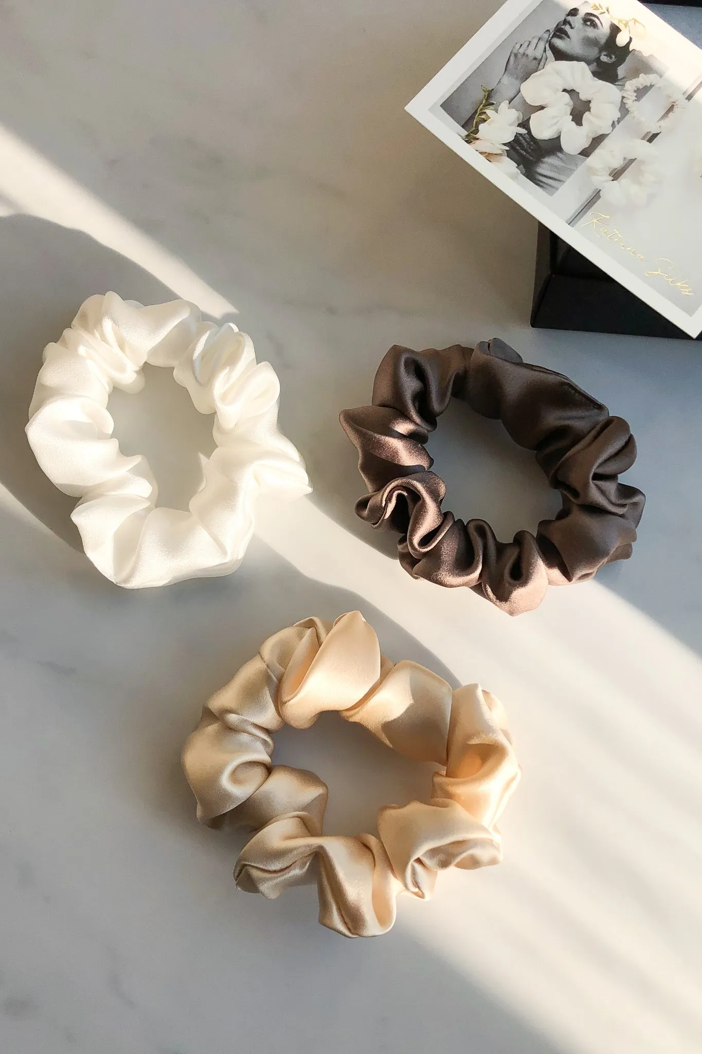 Set of 3 M size natural silk scrunchies - cappuccino beige, delicious mocha & white pearl