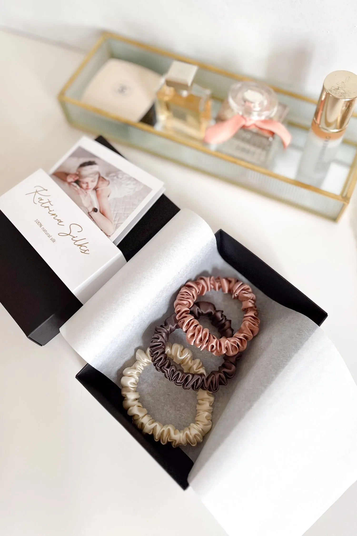 Set of 3 S size natural silk scrunchies - delicious mocha, morning dawn & french champagne