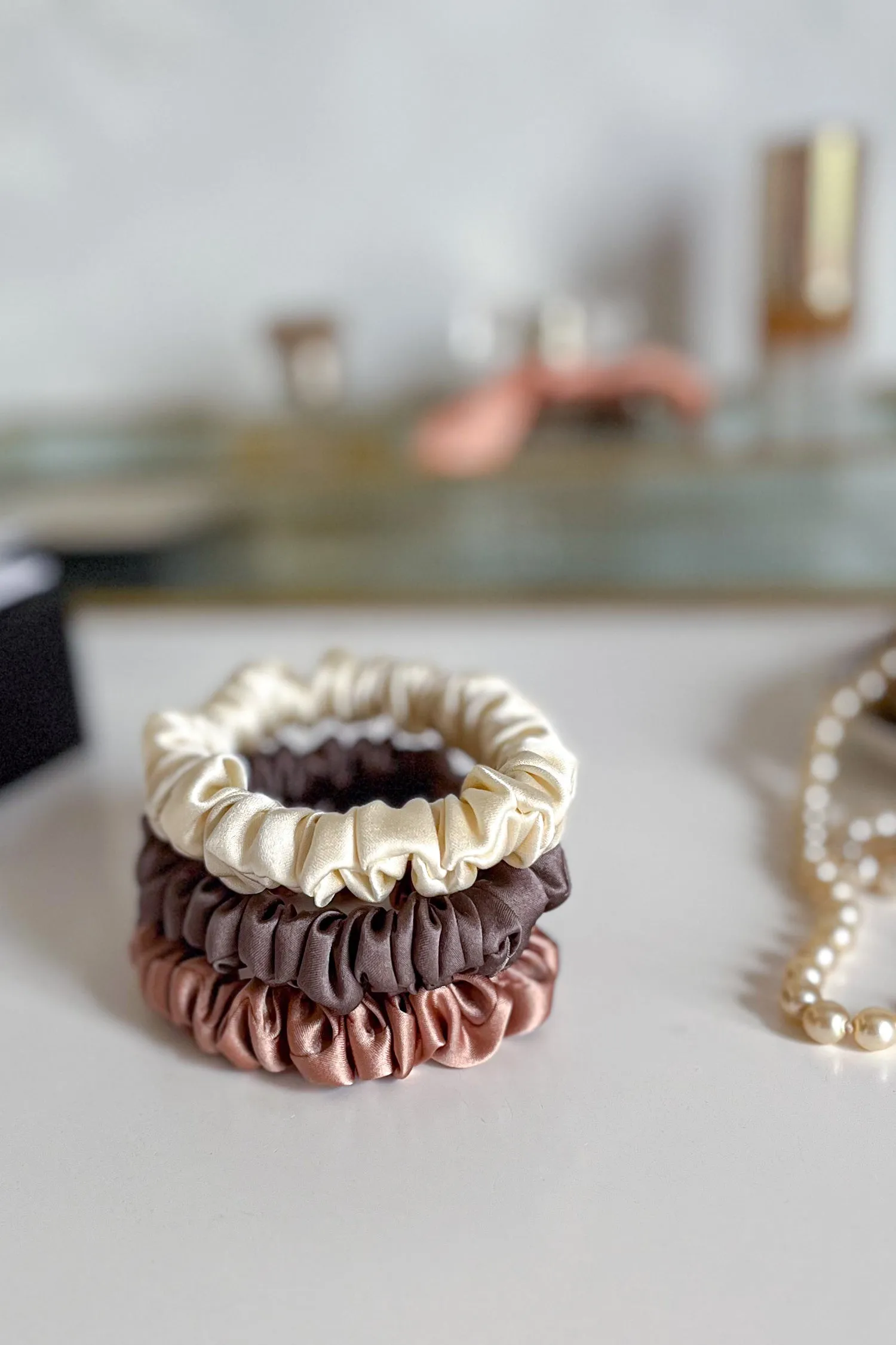 Set of 3 S size natural silk scrunchies - delicious mocha, morning dawn & french champagne